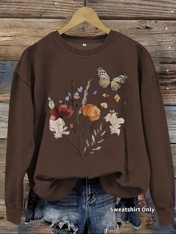 Women's Casual Floral & Butterfly Print Pullover Sweater, Soft Long Sleeve Round Neck Sweatshirt, All-Season Wear...