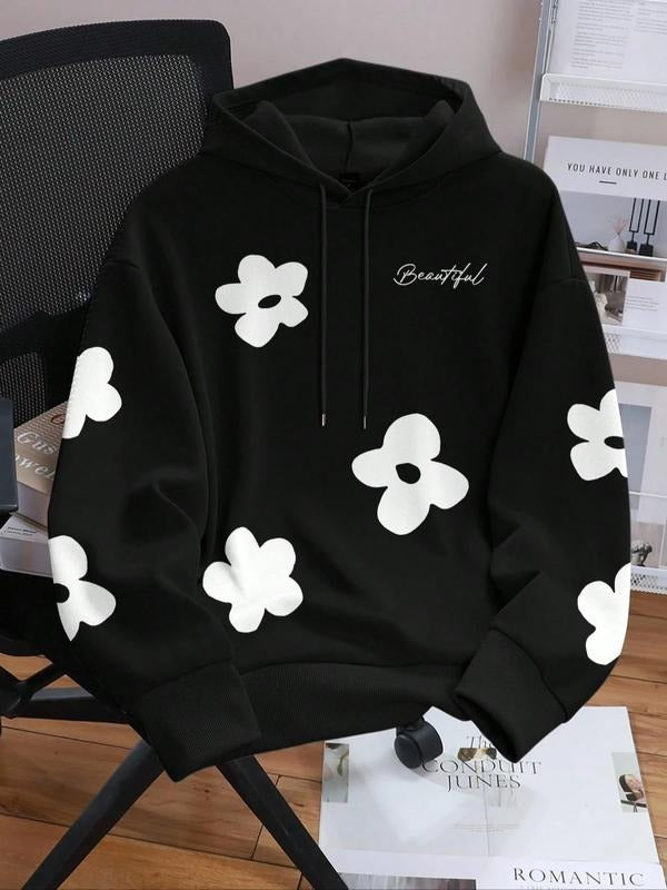 Women's Casual Floral Letter Print Hooded Sweatshirt, Loose-Fit Thicken Fabric, Perfect for Fall & Winter Sports Wear...
