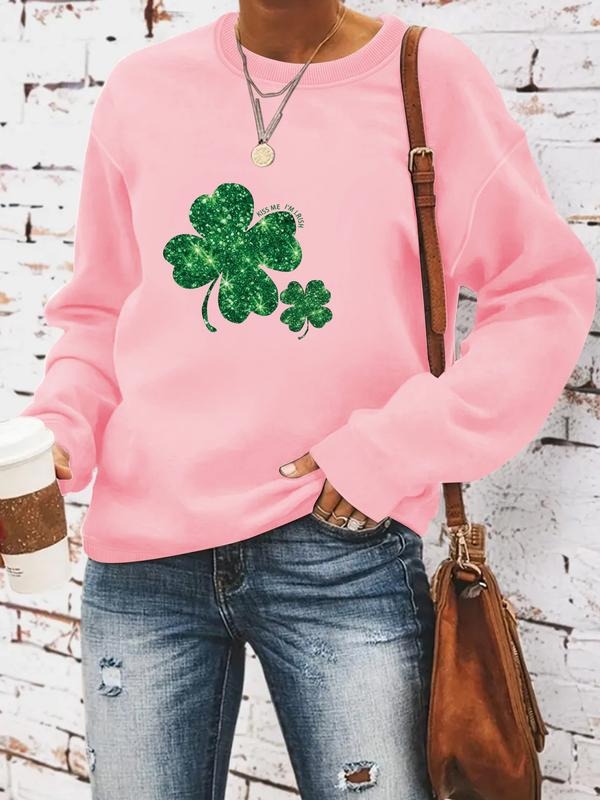 Women's Casual Four-Leaf Clover Pattern Pullover Sweater, Soft Long Sleeve Round Neck Sweatshirt, All Seasons Wear...