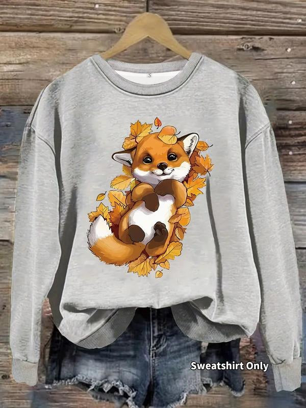 Women's Casual Fox & Leaf Print Pullover Sweater, Soft Long Sleeve Round Neck Sweatshirt, All-Season Comfort Fit Top...