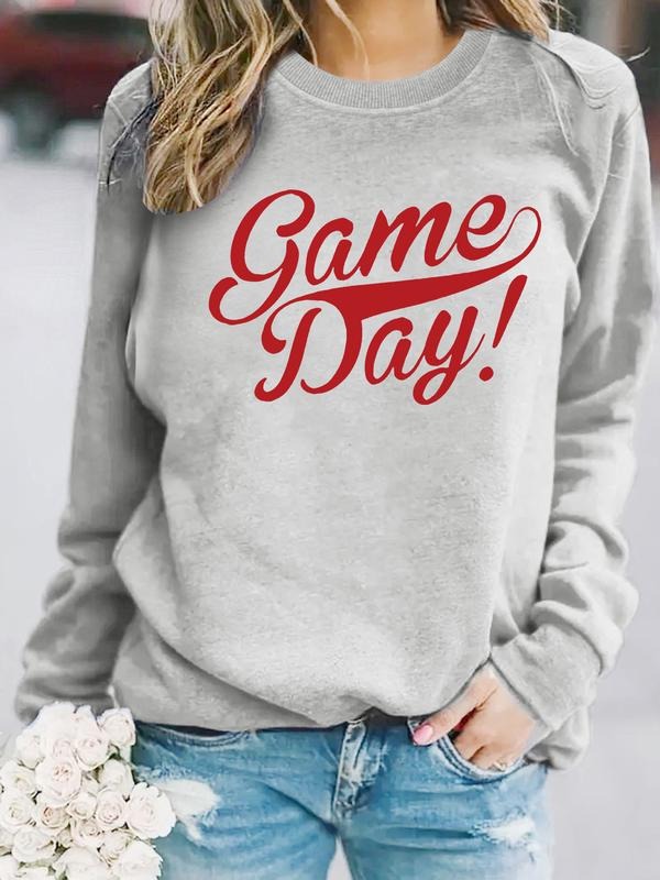 Women's Casual Game Day! Bold Calligraphy Print Pullover, Soft Long Sleeve Round Neck Sweatshirt, All-Season Wear...