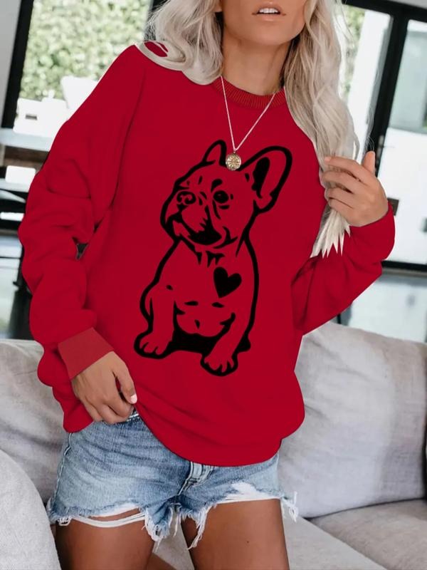 Women's Casual Geometric Bulldog Print Pullover Sweater, Soft Long Sleeve Round Neck Sweatshirt, All-Season Wear...