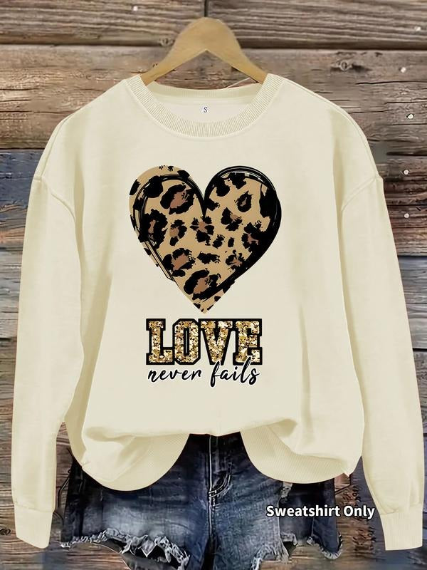Women's Casual Geometric Leopard Heart Sweatshirt, Soft Long Sleeve Round Neck Pullover, All-Season Comfort T-Shirts, Hoodie
