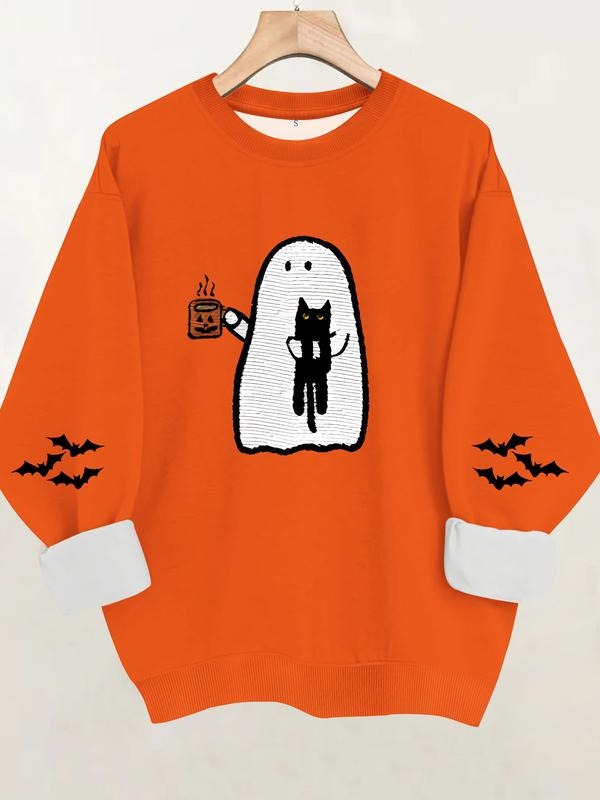 Women's Casual Ghost Cat Print Pullover Sweater, Soft Long Sleeve Round Neck Halloween Sweatshirt, All Seasons Wear...