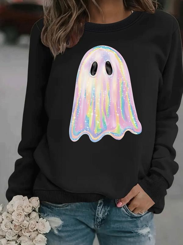 Women's Casual Ghost Pattern Pullover Sweater, Soft Long Sleeve Round Neck Sweatshirt, Comfortable Daily Wear T-Shirts,...