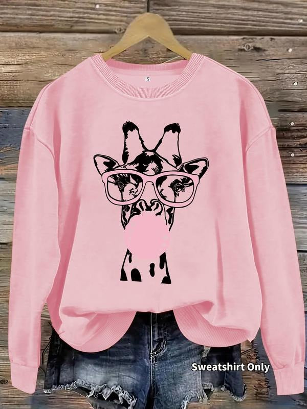 Women's Casual Giraffe Print Pullover Sweater, Soft Long Sleeve Round Neck Sweatshirt, Comfortable Daily Wear T-Shirts,...