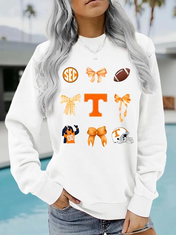 Women's Casual Go Vols Bowknot Rugby Pattern Pullover, Soft Long Sleeve Round Neck Sweatshirt, All-Season Wear T-Shirts,...
