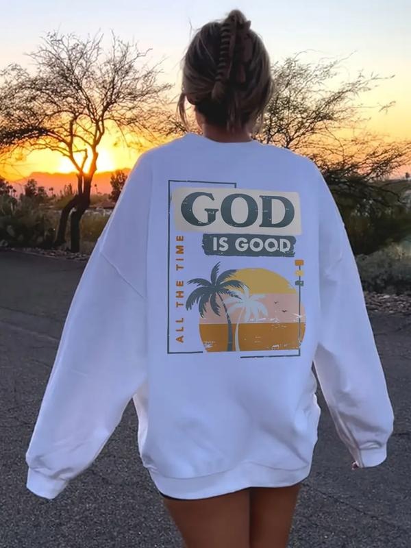 Women's Casual God Is Good Sunset Coconut Tree Print Pullover Sweater, Soft Long Sleeve Round Neck Sweatshirt, Daily Wear...