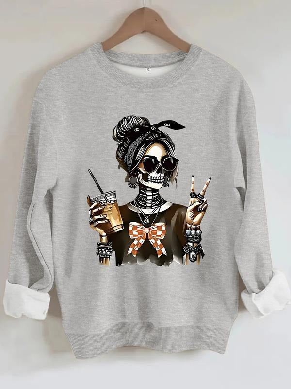 Women's Casual Gothic Skull Print Pullover Sweater, Soft Long Sleeve Round Neck Sweatshirt, Comfortable Daily Wear...
