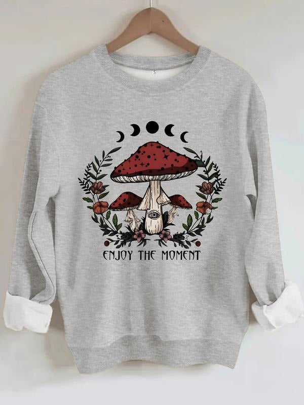 Women's Casual Graphic Sweatshirt, Mushroom Print, Round Neck, Knit Fabric, All Seasons Comfort Wear T-Shirts, Hoodie