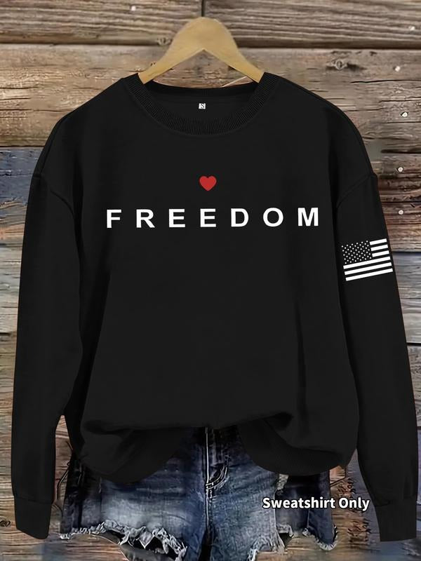 Women's Casual Graphic Sweatshirt, Round Neck, American Flag Print, Fitted Knit Fabric, All Seasons Comfort T-Shirts, Hoodie