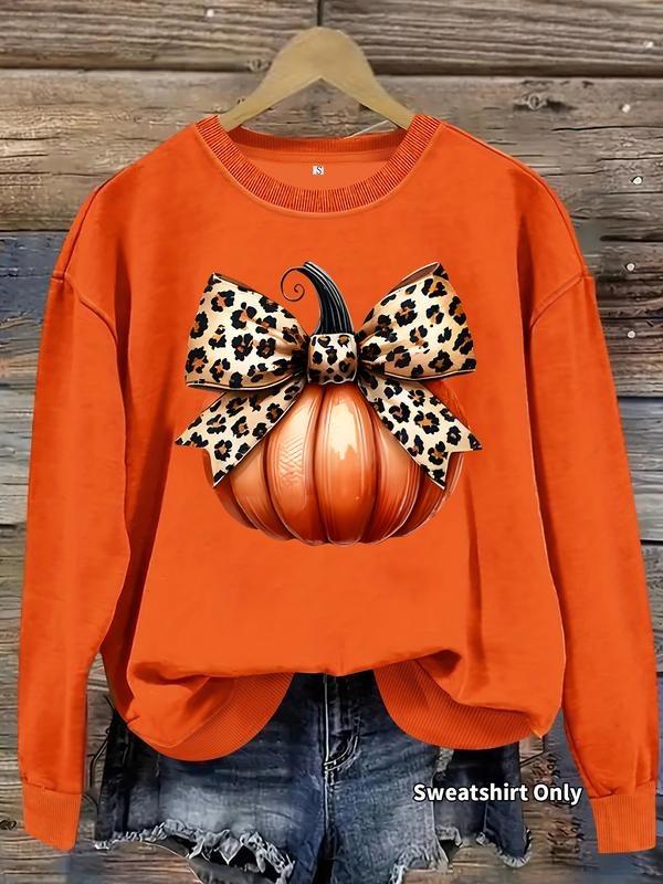 Women's Casual Halloween Bowknot Pumpkin Print Pullover Sweater, Soft Long Sleeve Round Neck Sweatshirt, Fall & Winter...
