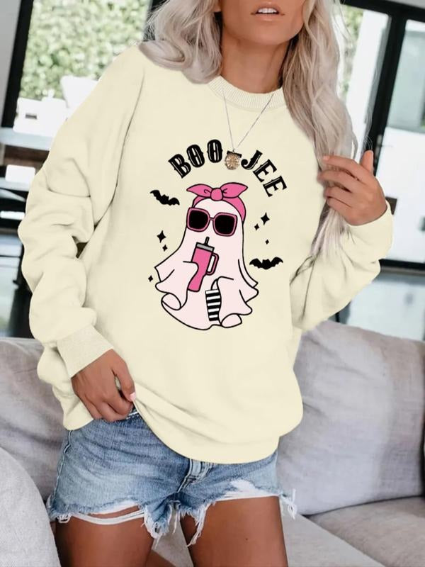 Women's Casual Halloween Ghost Print Pullover Sweater, Soft Long Sleeve Round Neck Sweatshirt, Comfortable Daily Wear...