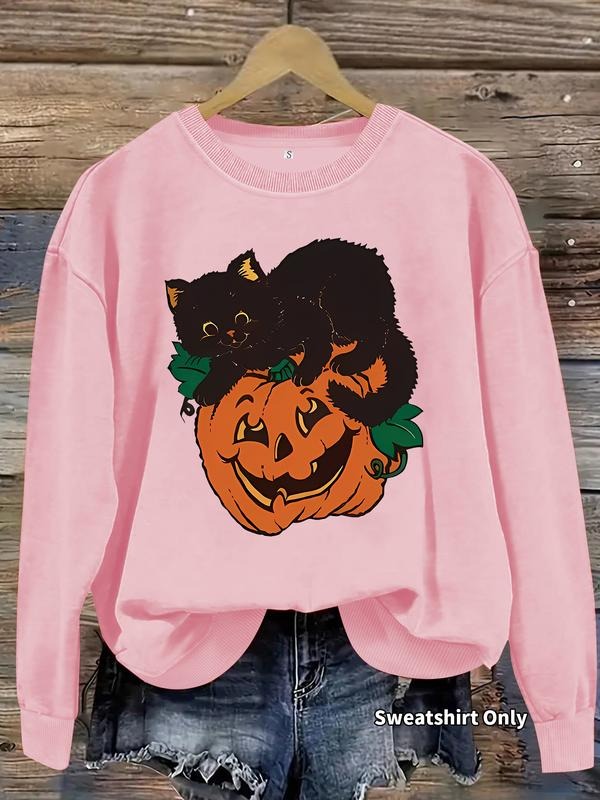 Women's Casual Halloween Pumpkin & Cat Print Pullover Sweater, Soft Long Sleeve Round Neck Sweatshirt, All-Season Wear...