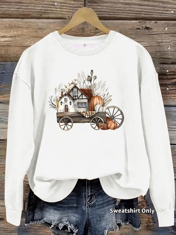 Women's Casual Halloween Pumpkin Carriage Pullover Sweater, Soft Long Sleeve Round Neck Sweatshirt, All-Season Wear...
