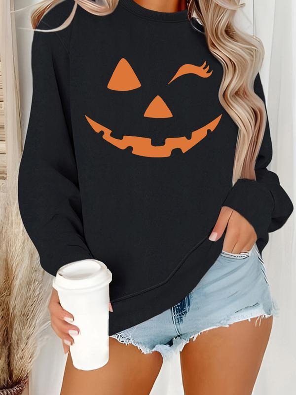 Women's Casual Halloween Pumpkin Face Graphic Pullover Sweater, Soft Long Sleeve Round Neck Sweatshirt, Comfortable Daily...