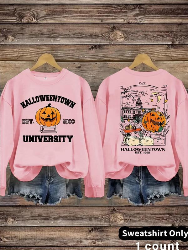 Women's Casual Halloween Pumpkin Hallow Print Pullover Sweater, Soft Long Sleeve Round Neck Sweatshirt, All Seasons Wear...