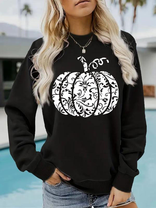 Women's Casual Halloween Pumpkin Print Pullover Sweater, Soft Long Sleeve Round Neck Sweatshirt, Comfortable Daily Wear...