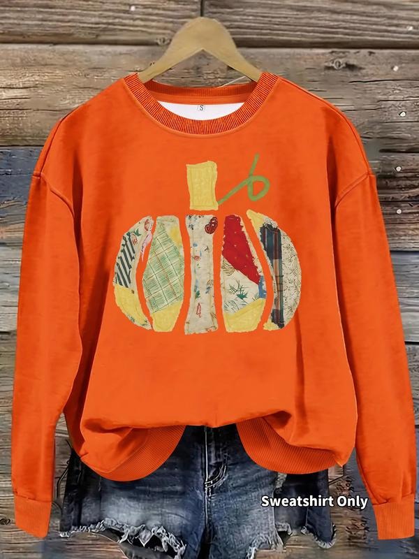 Women's Casual Halloween Pumpkin Print Pullover Sweater, Soft Long Sleeve Round Neck Sweatshirt, Comfortable Daily Wear...