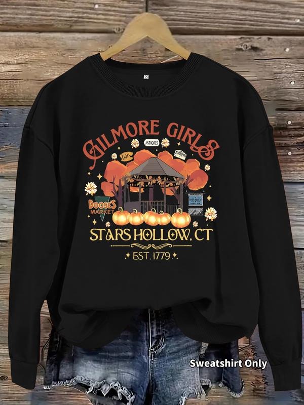 Women's Casual Halloween Sweatshirt, Pumpkin & Castle Pattern, Soft Long Sleeve Round Neck, All-Season Comfort T-Shirts,...