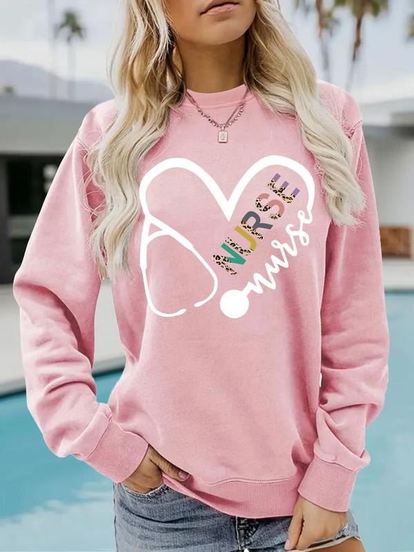 Women's Casual Heart & Letter Print Pullover Sweater, Soft Long Sleeve Round Neck Sweatshirt, All-Season Wear T-Shirts,...