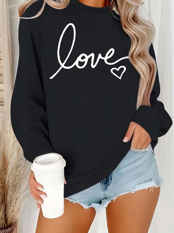 Women's Casual Heart & Love Print Pullover Sweater, Soft Long Sleeve Round Neck Sweatshirt, Comfortable Daily Wear...