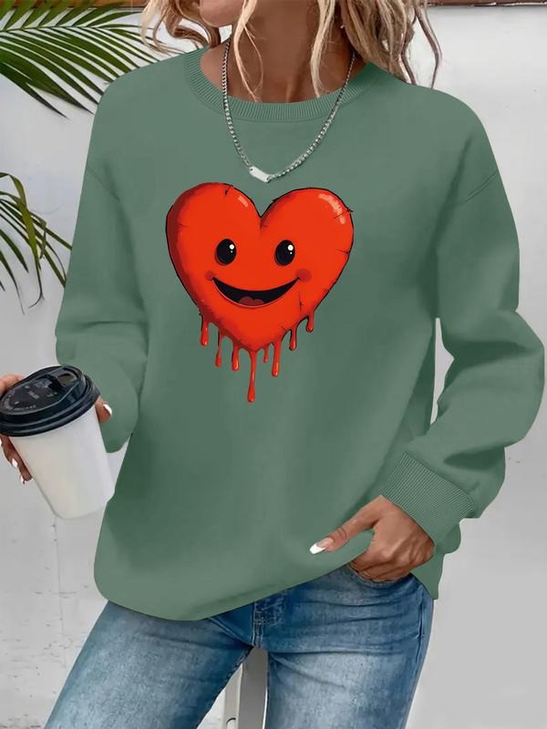 Women's Casual Heart Cartoon Smile Graphic Sweatshirt, Soft Long Sleeve Round Neck Pullover, All-Season Comfort T-Shirts,...