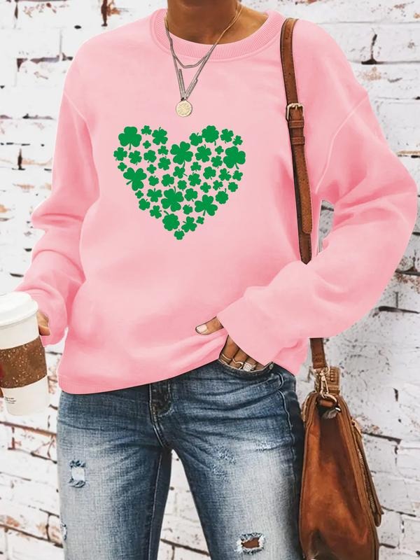 Women's Casual Heart Clover Print Pullover Sweater, Soft Long Sleeve Round Neck Sweatshirt, Comfortable Daily Wear...
