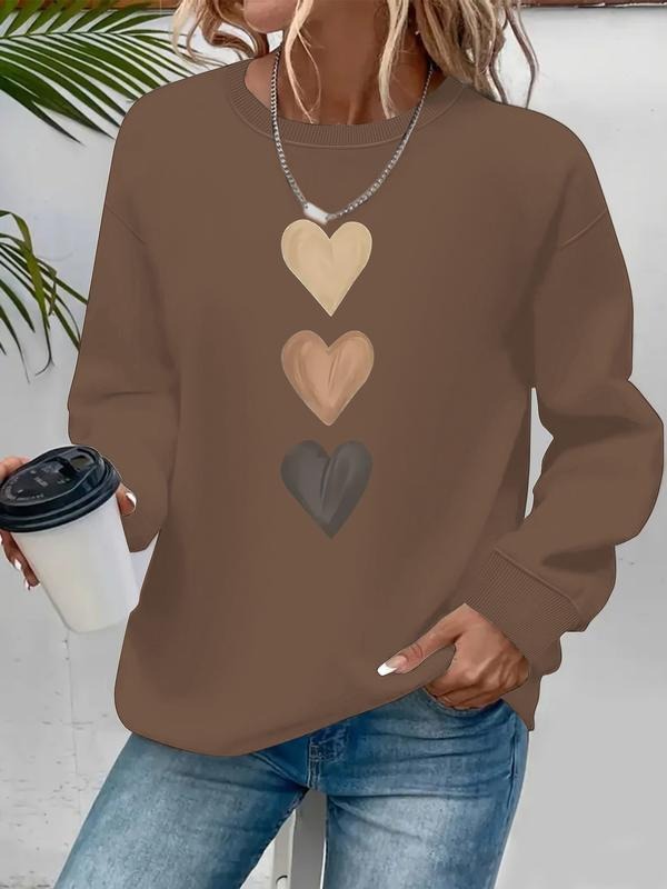 Women's Casual Heart Pattern Print Hoodie, Soft Long Sleeve Round Neck Sweatshirt, All-Season Comfort Clothing T-Shirts