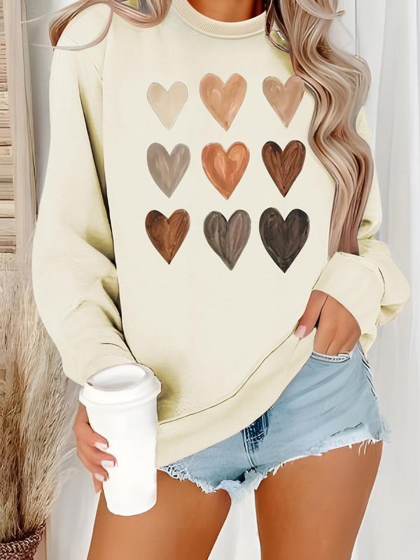 Women's Casual Heart Pattern Pullover Sweater, Soft Long Sleeve Round Neck Sweatshirt, Comfortable Daily Wear T-Shirts,...
