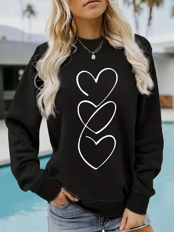 Women's Casual Heart Print Pullover Sweater, Soft Long Sleeve Round Neck Sweatshirt, Comfortable Daily Wear T-Shirts, Hoodie