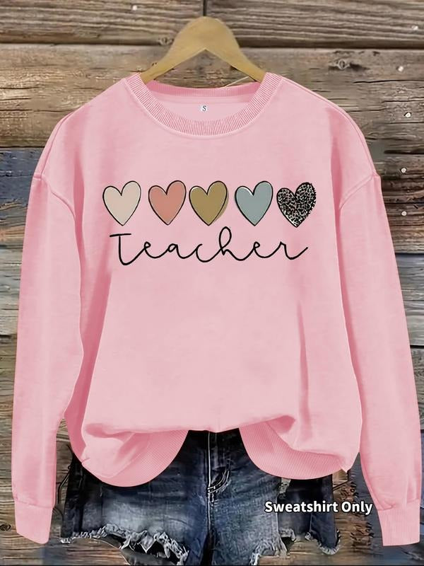 Women's Casual Heart Teacher Letter Print Pullover Sweater, Soft Long Sleeve Round Neck Sweatshirt, All Seasons Wear...