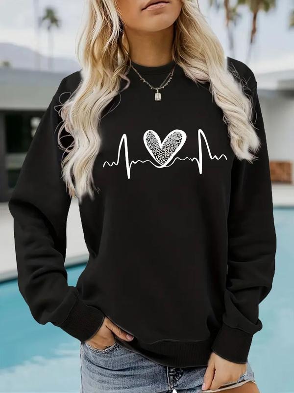 Women's Casual Heartbeat Pattern Pullover Sweater, Soft Long Sleeve Round Neck Sweatshirt, Comfortable Daily Wear...