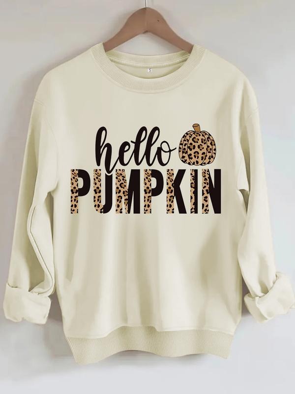 Women's Casual Hellp Pumpkin Leopard Print Letter Pumpkin Pattern Pullover Sweater, Soft Long Sleeve Round Neck...