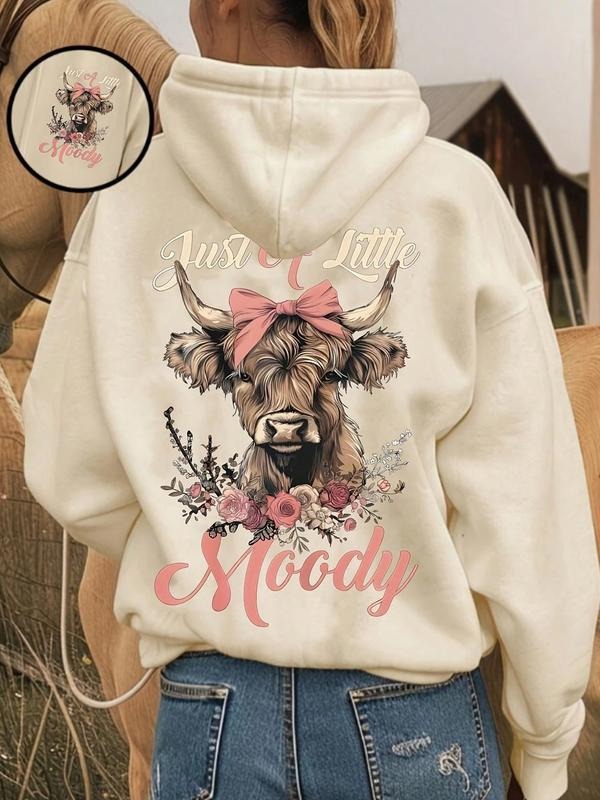 Women's Casual Hooded Sweatshirt with Cute Cartoon Cow Print, Bow, Loose-Fitting, Fall & Winter Wear, Comfortable and...