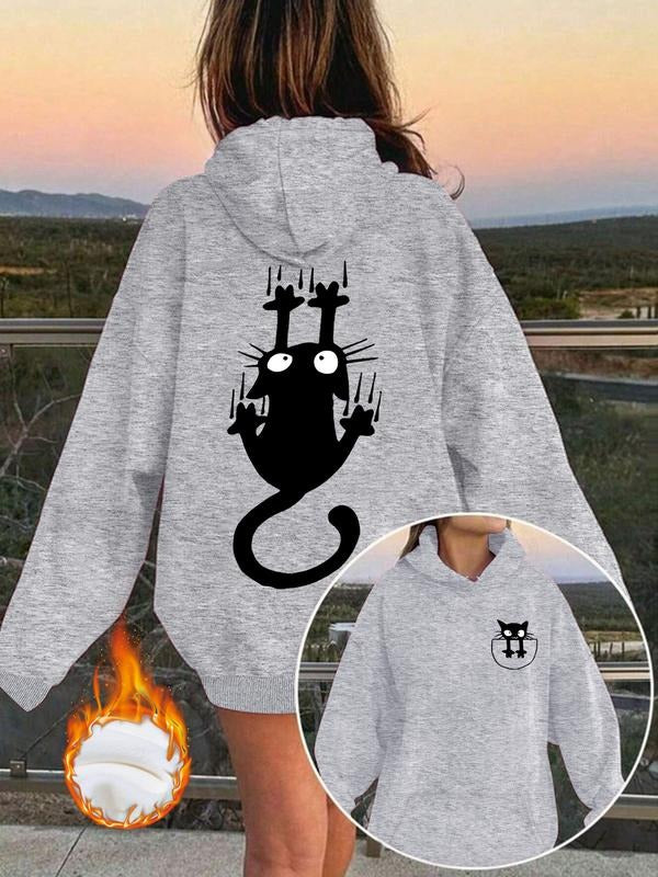 Women's Casual Hooded Sweatshirt with Cute Cat Print, Thick Knit Pullover with Front Pocket, Fall & Winter Jumper...