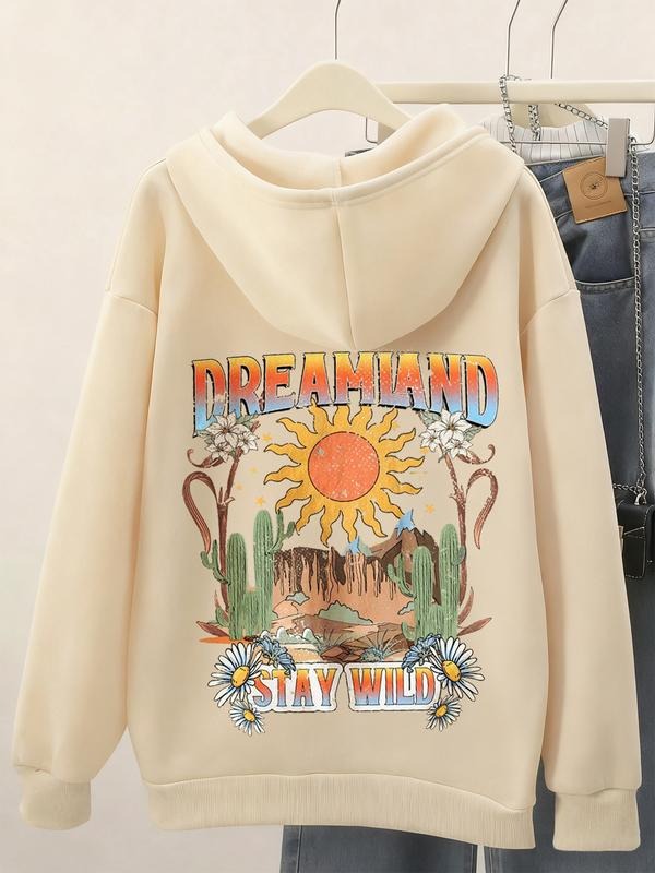 Women's Casual Hooded Sweatshirt with Landscape Print, Long Sleeve Loose-Fitting Fleece Pullover for Fall & Winter, Daily...