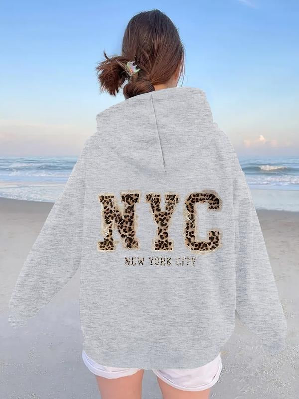 Women's Casual Hooded Sweatshirt, Nyc Leopard Letter Design, Comfortable Pullover, Front Pocket, Fall & Winter Long...
