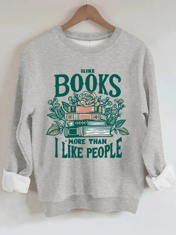 Women's Casual I Like Books Floral Pattern Hoodie, Soft Long Sleeve Round Neck Sweatshirt, All-Season Comfort T-Shirts