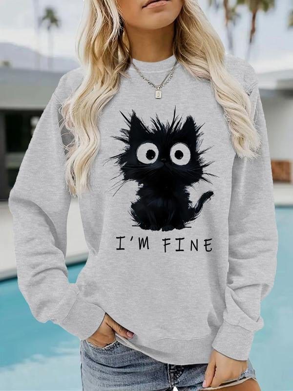 Women's Casual I'm Fine Cat Pattern Pullover, Soft Long Sleeve Round Neck Sweatshirt, All-Season Comfort T-Shirts, Hoodie