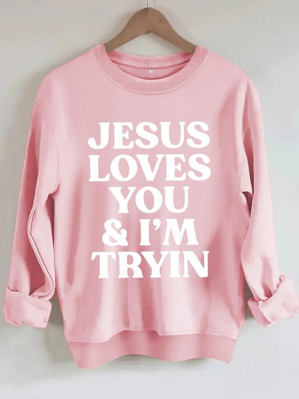 Women's Casual Jesus Letter Print Pullover Sweater, Soft Long Sleeve Round Neck Sweatshirt, Comfortable Daily Wear...
