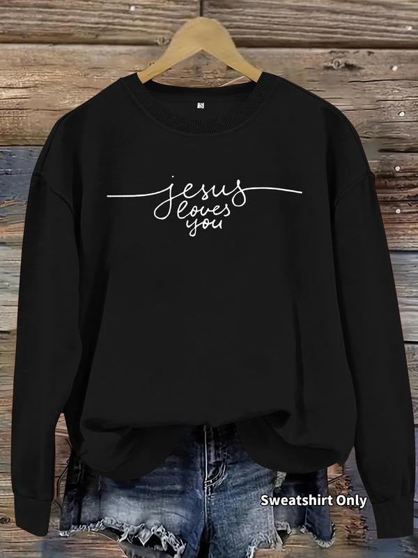 Women's Casual Jesus Loves You Print Hoodie, Soft Long Sleeve Round Neck Sweatshirt, All-Season Comfort T-Shirts