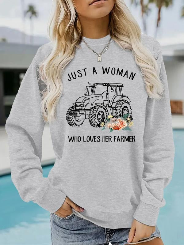 Women's Casual Just a Woman Who Loves Her Farmer Graphic Pullover Sweater, Soft Long Sleeve Round Neck Sweatshirt...