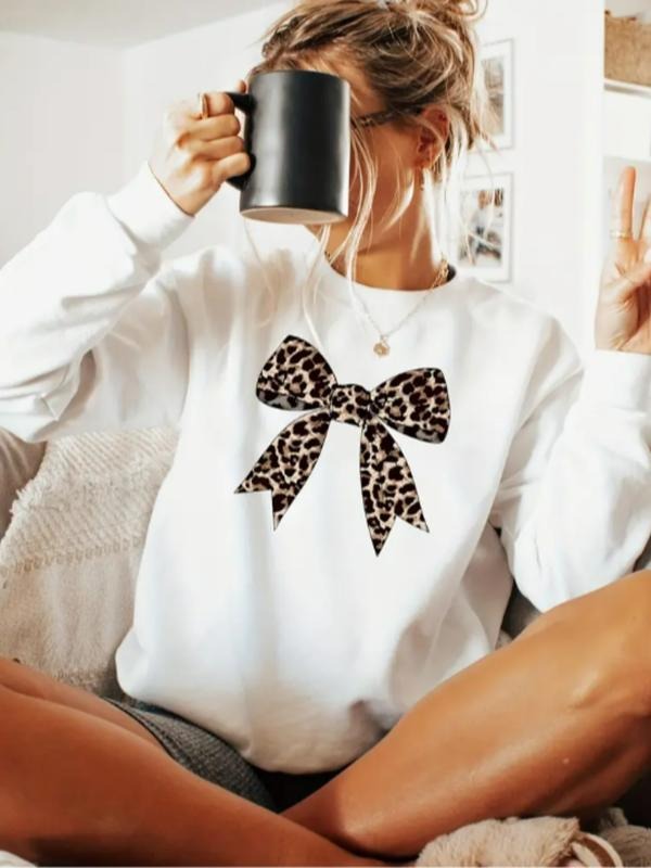 Women's Casual Leopard Bow Graphic Sweatshirt, Soft Long Sleeve Round Neck Pullover, All-Season Comfort T-Shirts, Hoodie