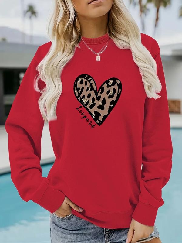 Women's Casual Leopard Heart Pattern Pullover Sweater, Soft Long Sleeve Round Neck Sweatshirt, Comfortable Daily Wear...