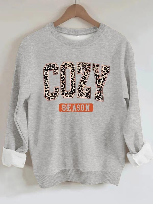 Women's Casual Leopard Print Cozy Season Letter Pattern Pullover Sweater, Soft Long Sleeve Round Neck Sweatshirt, Daily...