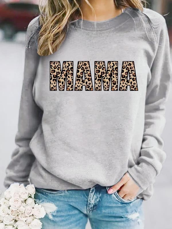 Women's Casual Leopard Print Mama Sweatshirt, Soft Long Sleeve Round Neck Pullover, Everyday Wear for Fall & Winter,...