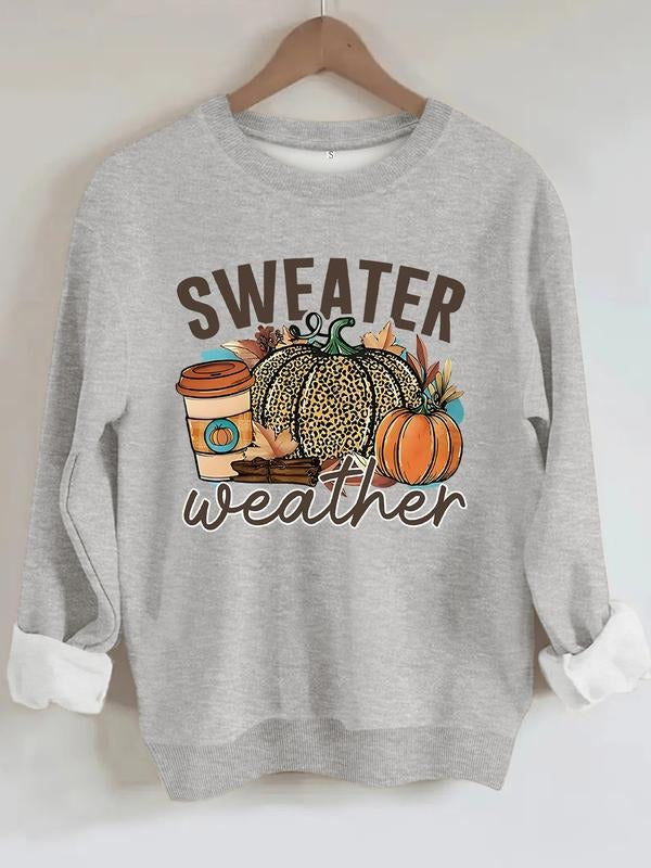 Women's Casual Leopard Pumpkin Coffee Print Cinnamon Stick Sweater, Soft Long Sleeve Round Neck Halloween Sweatshirt...