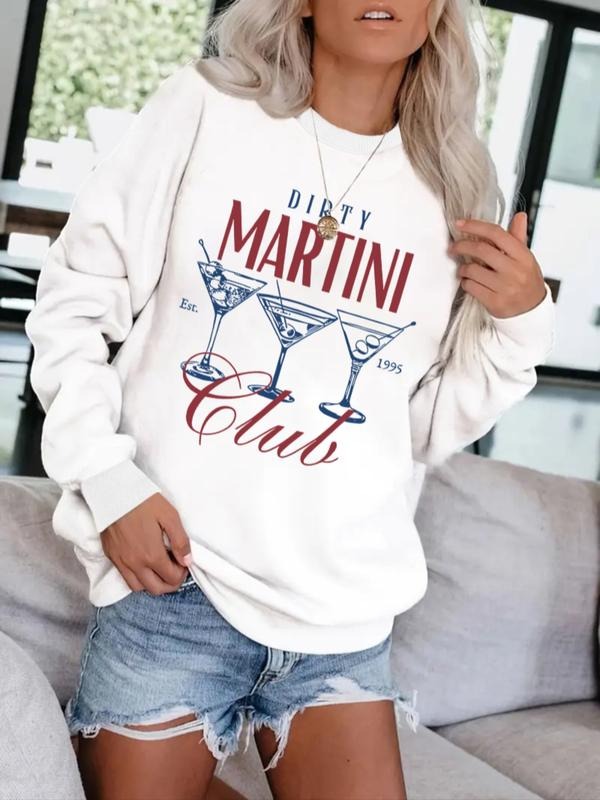 Women's Casual Letter & Wine Glass Pattern Pullover Sweatshirt, Soft Long Sleeve Round Neck, All-Season Comfort T-Shirts,...