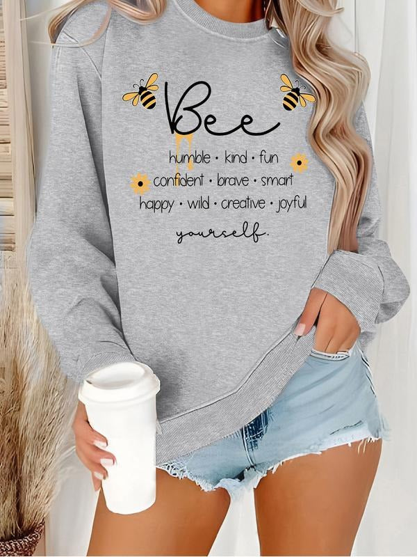 Women's Casual Letter Bee Print Pullover Sweater, Soft Long Sleeve Round Neck Sweatshirt, Comfortable Daily Wear...